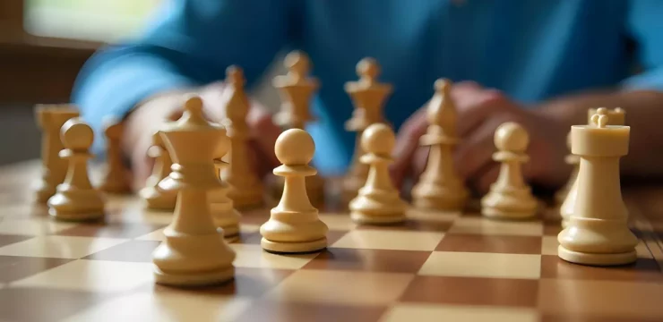 Qara və ağ şahmat fiqurları taxtanın üzərində