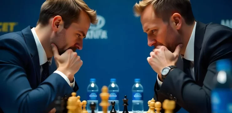Şahmatda qələbə: oyunçu gülümsəyir və əl sıxır