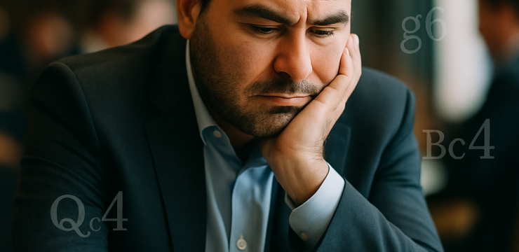 Şəhriyar Məmmədyarov contemplating a move at a chess tournament, with a focus on the