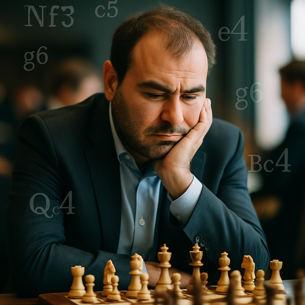 Şəhriyar Məmmədyarov contemplating a move at a chess tournament, with a focus on the