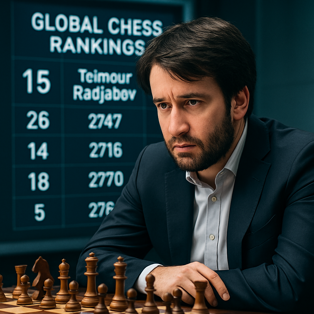 Teimour Radjabov thoughtfully contemplating his next move at a chessboard with a semi-transparent overlay
