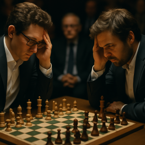 Chess grandmasters contemplating their moves during a serious match, highlighting intricate Sicilian Defense strategies