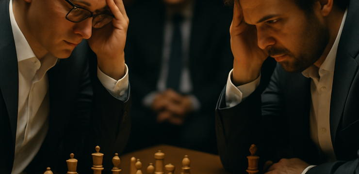 Chess grandmasters contemplating their moves during a serious match, highlighting intricate Sicilian Defense strategies