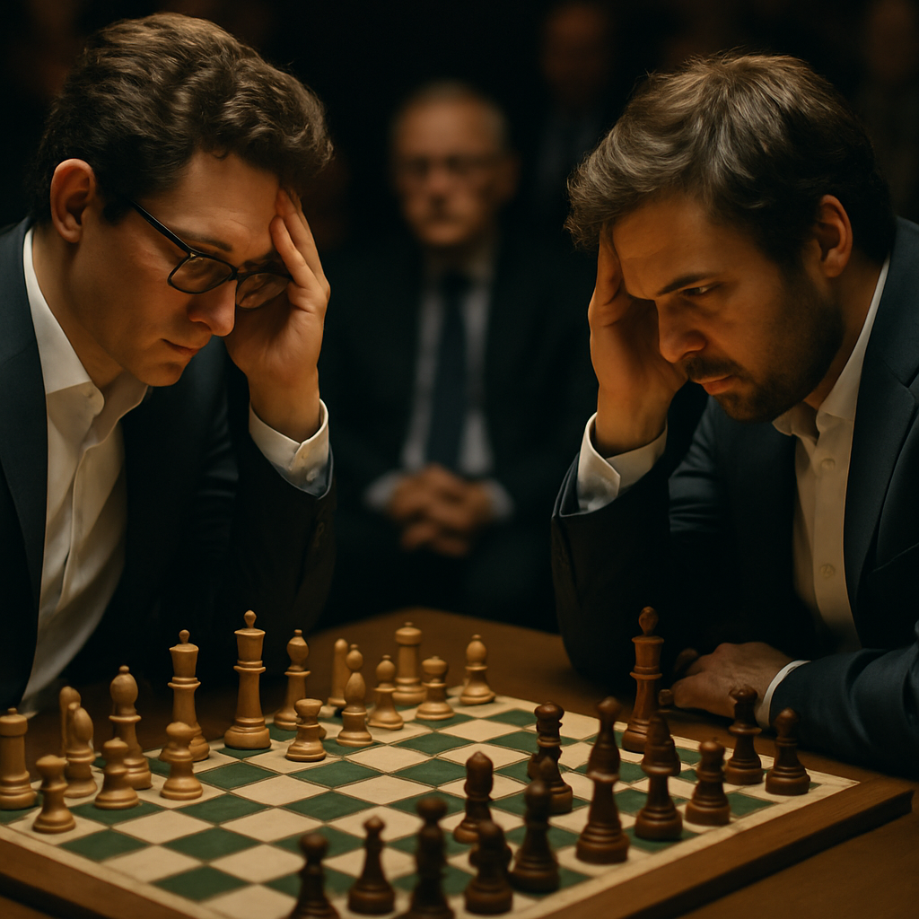 Chess grandmasters contemplating their moves during a serious match, highlighting intricate Sicilian Defense strategies