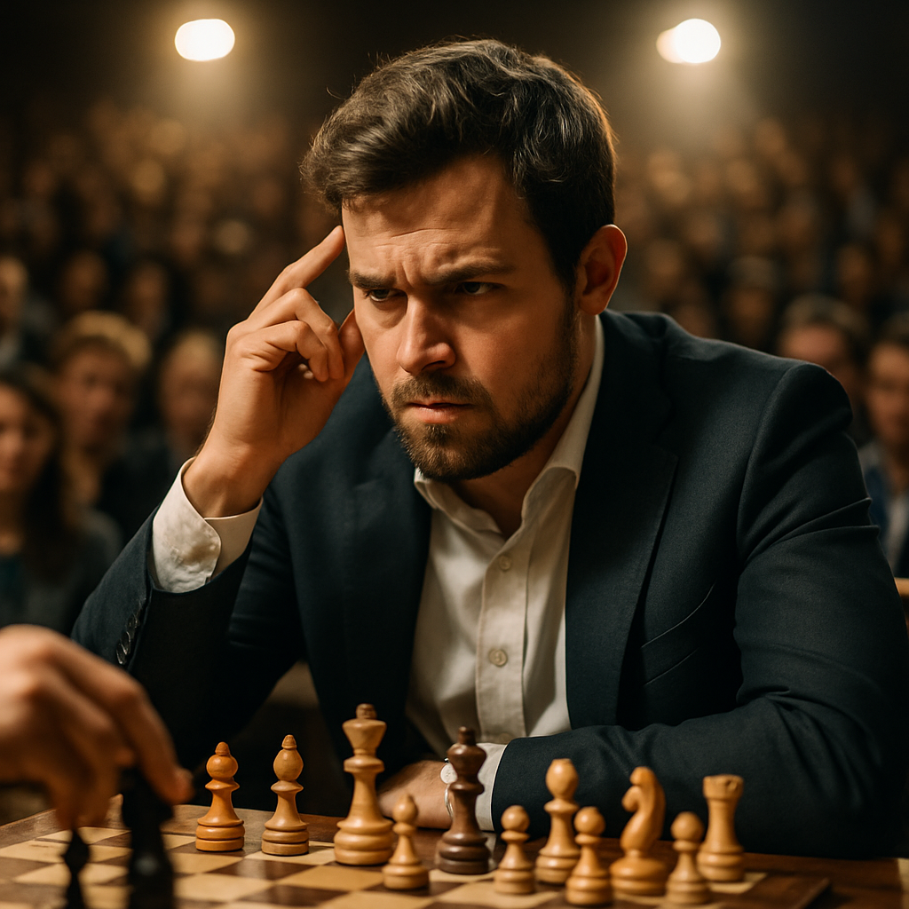 A tense chess match scene highlighting a player in deep strategic contemplation with an