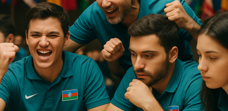 A team of Azerbaijani chess players deep in thought at an international chess tournament,