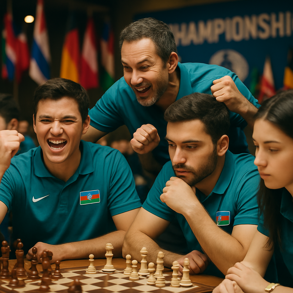 A team of Azerbaijani chess players deep in thought at an international chess tournament,