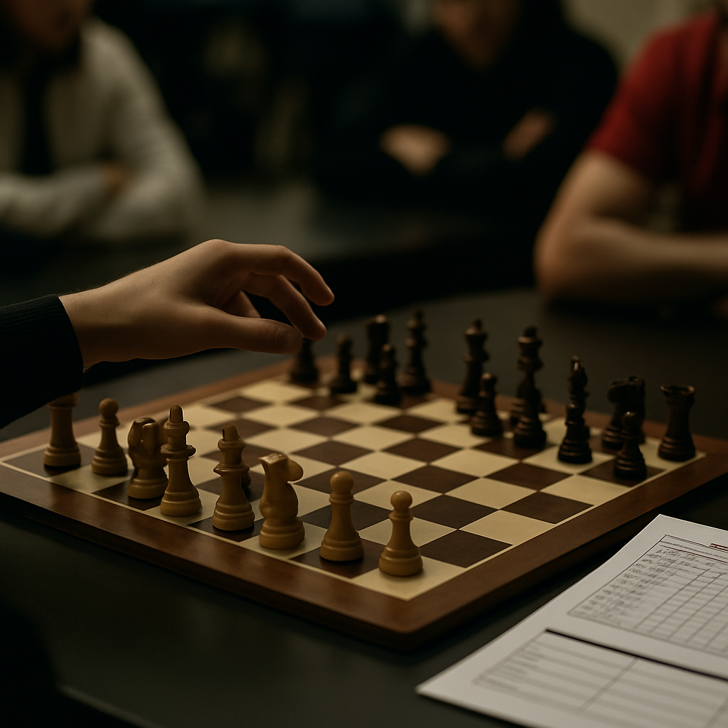 A chess match in progress beside a tournament standings sheet, with teammates watching in