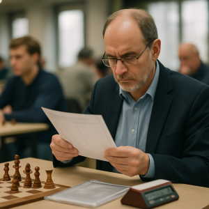 A chess arbiter reviews a scoresheet and evidence beside a chessboard while players wait