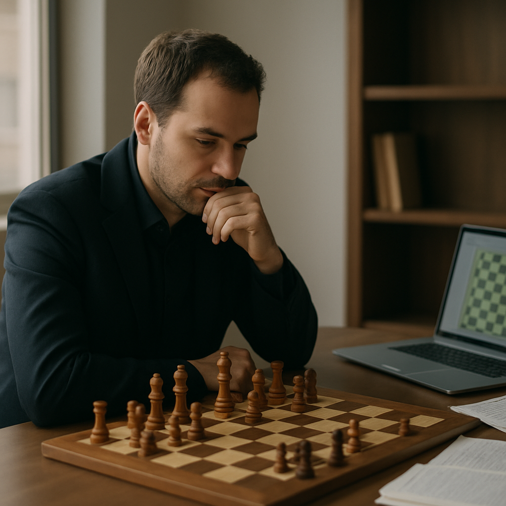 A focused chess grandmaster studies a mid-game position beside annotated notes and a laptop.