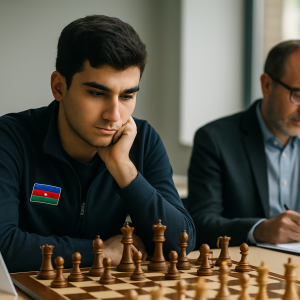 A young Azerbaijani chess grandmaster studies a chessboard while a coach reviews notes nearby.
