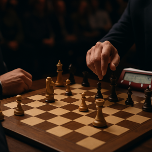 A grandmaster considers a sharp tactical combination over a tournament chessboard, with the exposed