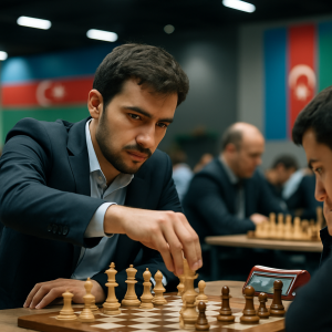 An Azerbaijani grandmaster considers a move during a rapid and blitz chess championship.