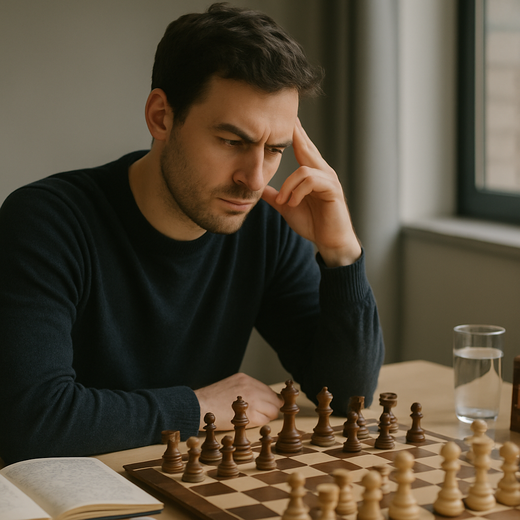 A chess grandmaster studies a position at a chessboard beside analysis notes and a
