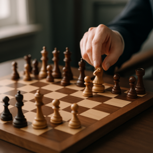 A hand considers a knight move over a wooden chessboard in a calm, sunlit