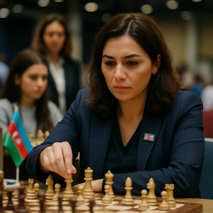 An Azerbaijani woman grandmaster studies a chess position at an international tournament, with a