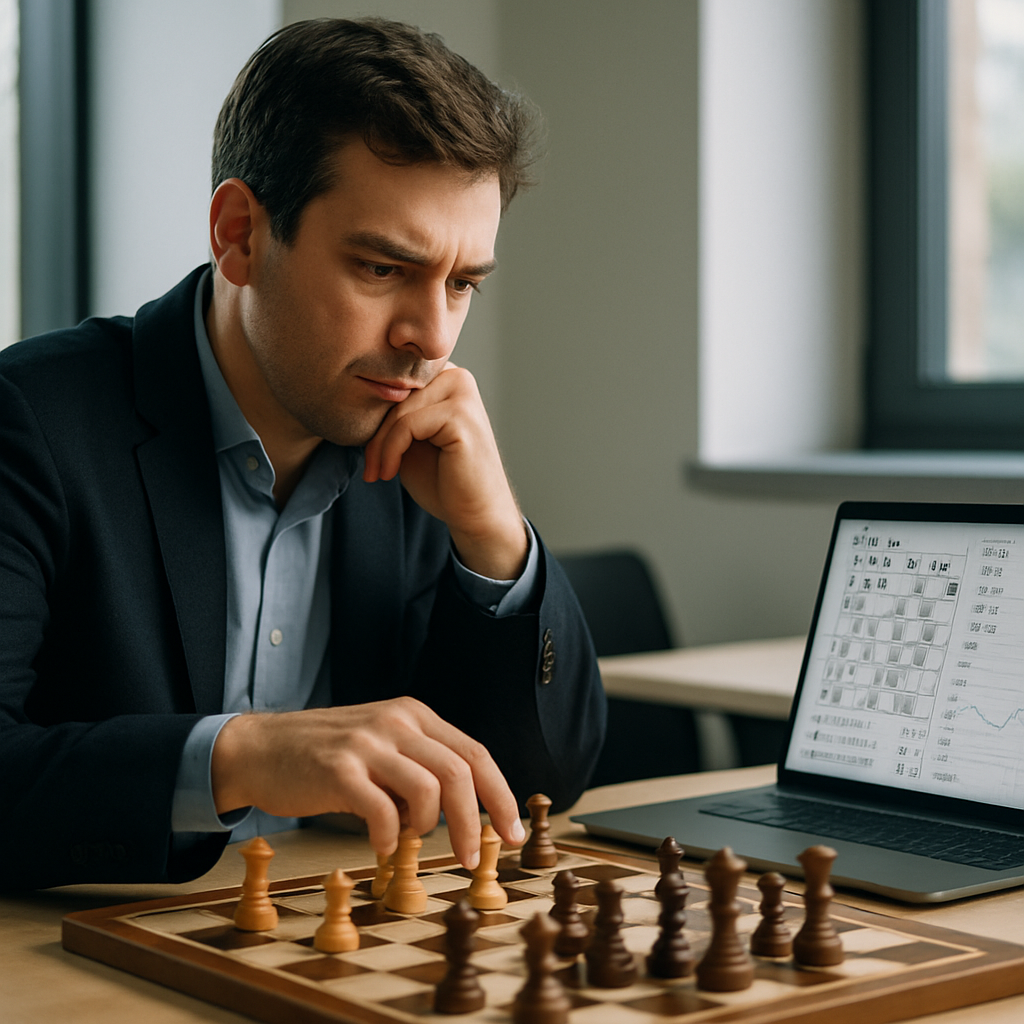 A grandmaster considers a chess position beside a laptop displaying analysis, combining AI tools